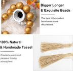 OMISHE 60" Long Extra Large Wood Bead Garland with 1.6" Diameter Wooden Beads and Tassels, Rustic Farmhouse Country Decorative Beads for Home Decor Tiered Tray Decor, Gold