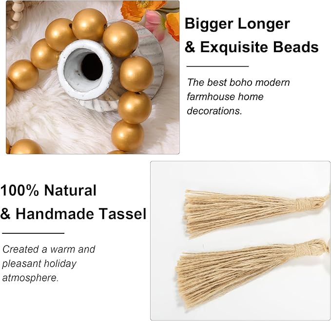 OMISHE 76" Long Extra Large Wood Bead Garland with 1.6" Diameter Wooden Beads and Tassels, Rustic Farmhouse Country Decorative Beads for Home Decor Tiered Tray Decor, Gold