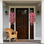 Artificial Fake Hanging Flowers Plants for Outdoor Spring Decoration,2 PCS Faux Silk Morning Glory with Eucalyptus Leaves,UV Resistant Realistic Trailing Vines for Balcony Porch Patio Yard Garden
