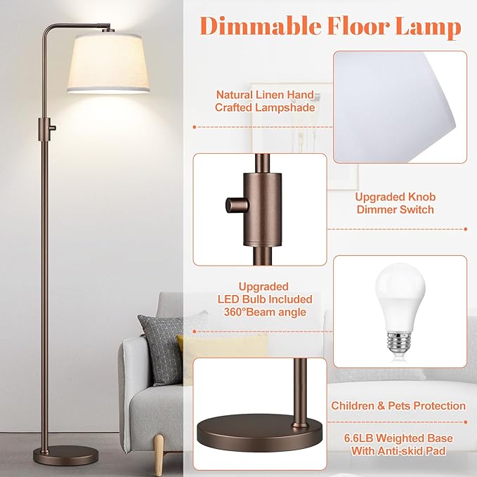 Nintiue [Upgraded] Dimmable Floor Lamp, 1000 Lumens LED Edison Bulb Included, Modern Arc Standing Tall Brown Floor Lamp for Living Room Bedroom Office Dining Room