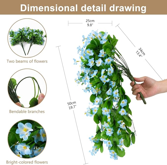 Artificial Fake Hanging Flowers Plants for Outdoor Spring Decoration, 2PCS Faux Silk Violet UV Resistant Look Real Trailing Vines for Outside Home Planter Porch Patio(Blue)
