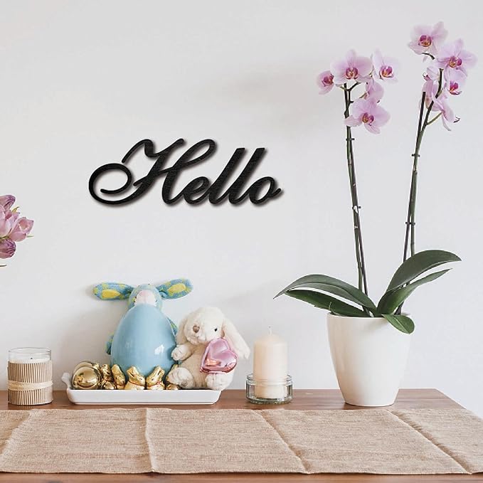 CREATCABIN Hello Word Cutout Sign Laser Cut Wood Letter Sign Black Wall Decor Unfinished Wooden Signs Wall Art Basswood Hanging Sculpture Decor for Craft DIY Home Farmhouse Front Porch Door 11.9x4Inch