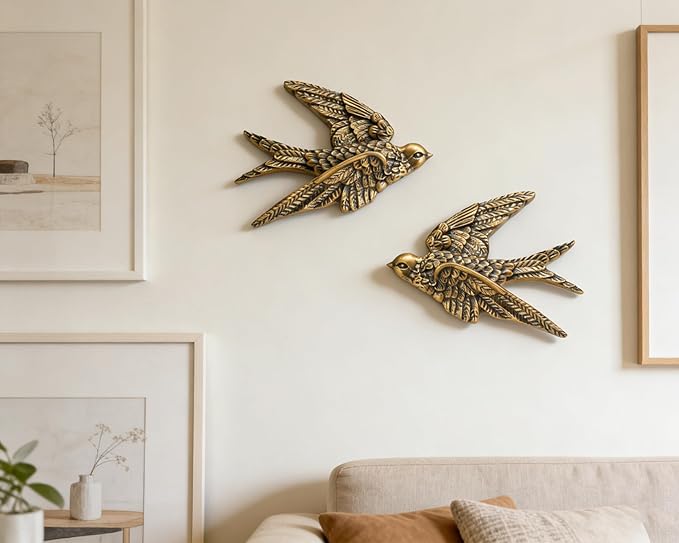 AMOIENSIS Bird Wall Sculpture Art, Set of 2, 4.75 Inch Resin Antique Gold Bird 3D Sculpted Floating Hanging Wall Decoration