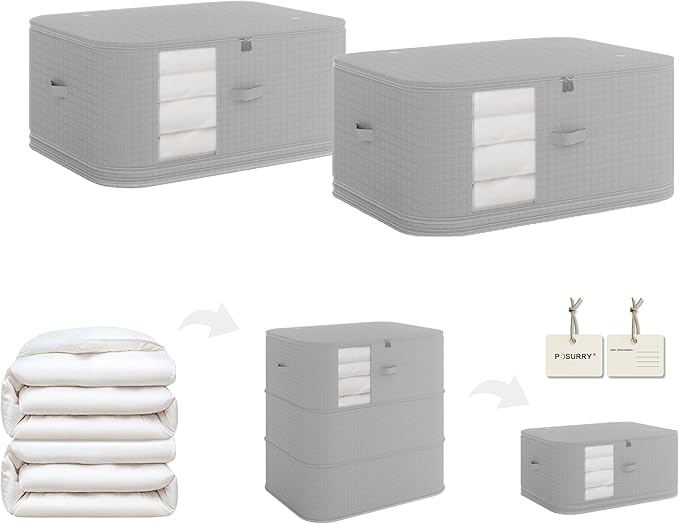 3-Layer Compressible with Zippers Blanket & Comforter Storage Bag,Ultra Space Saving Self Compression Organizer，Save 50% Space, 2 PCS，Gray