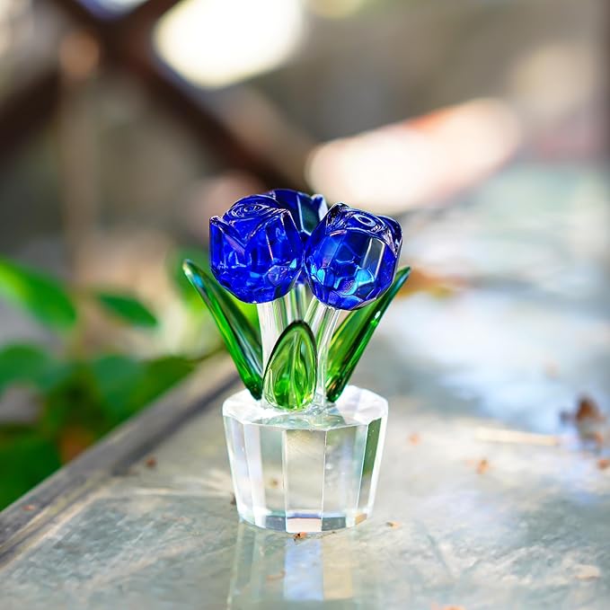 Blue Crystal Rose Flower Figurine for Wife Girlfriend Rose Collectible Figurines for Valentine's Day(3.2 * 2inch)