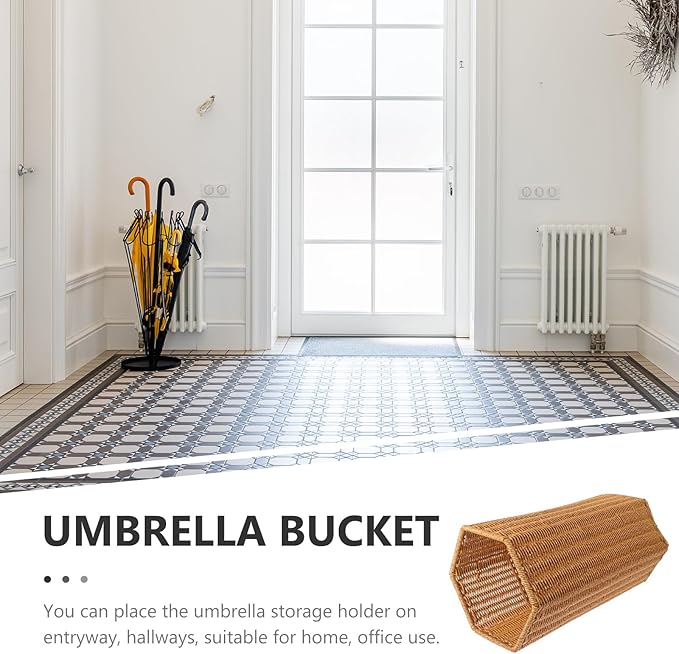 BESTOYARD Woven Umbrella Stand for Entryway Handmade Umbrella Holder with Tray Freestanding Cane Stand Rattan Flower Vase Dried Flower Pot Umbrella Rack, 39.5X21CM, Khaki