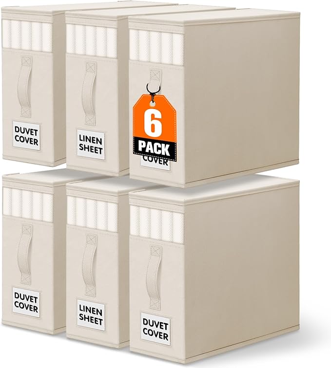 WOWBOX Sheet Organizers and Storage,Closet Bed Sheet Organizer Under Bed Storage and Organization with Label Cards & Clear Window for Bedding Sheets,Duvet Covers,Blankets (6 Pack，Beige)