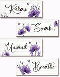 ONIZHITY Set of 4 Purple Bathroom Decor With Purple Flower Wall Decor Inspire Relax Soak Unwind Breathe Rustic Wooden Wall Art Ideal for Bedroom Office Living Room Kitchen Decoration(Purple 10x4Inch)