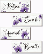 ONIZHITY Set of 4 Purple Bathroom Decor With Purple Flower Wall Decor Inspire Relax Soak Unwind Breathe Rustic Wooden Wall Art Ideal for Bedroom Office Living Room Kitchen Decoration(Purple 10x4Inch)