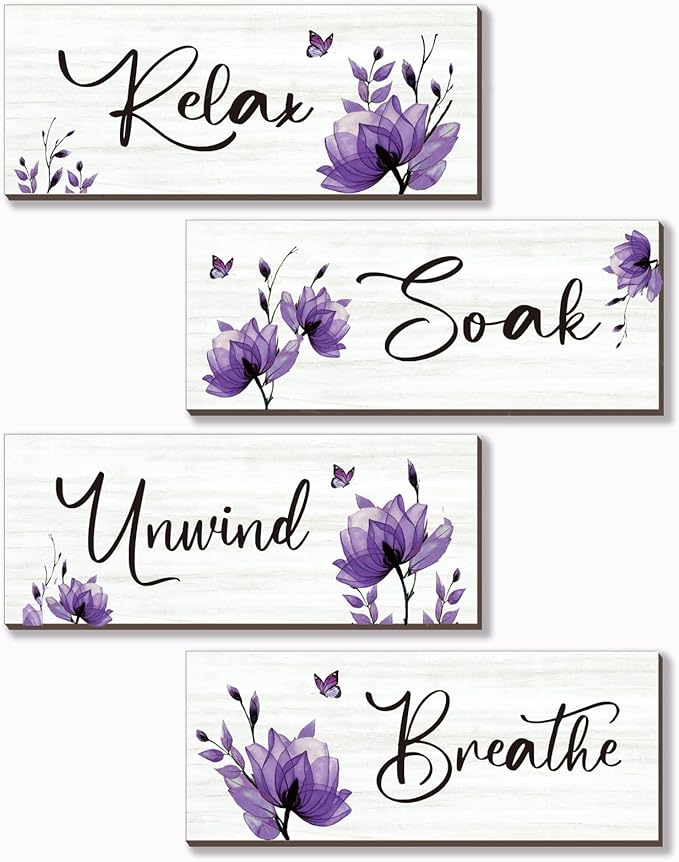 ONIZHITY Set of 4 Purple Bathroom Decor With Purple Flower Wall Decor Inspire Relax Soak Unwind Breathe Rustic Wooden Wall Art Ideal for Bedroom Office Living Room Kitchen Decoration(Purple 10x4Inch)
