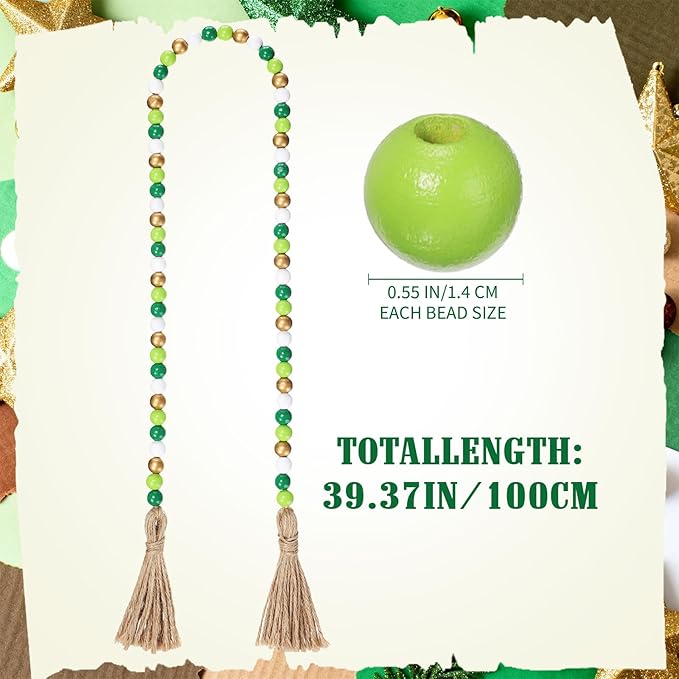 Equsion Seasonal Wooden Bead Garland with Tassels, 3.3 ft Holiday Vintage Boho Bead Garland Easter Tray Decoration, Vase Wall Room Art Birthday Party Decoration(Light Green, Dark Green, White, Gold)