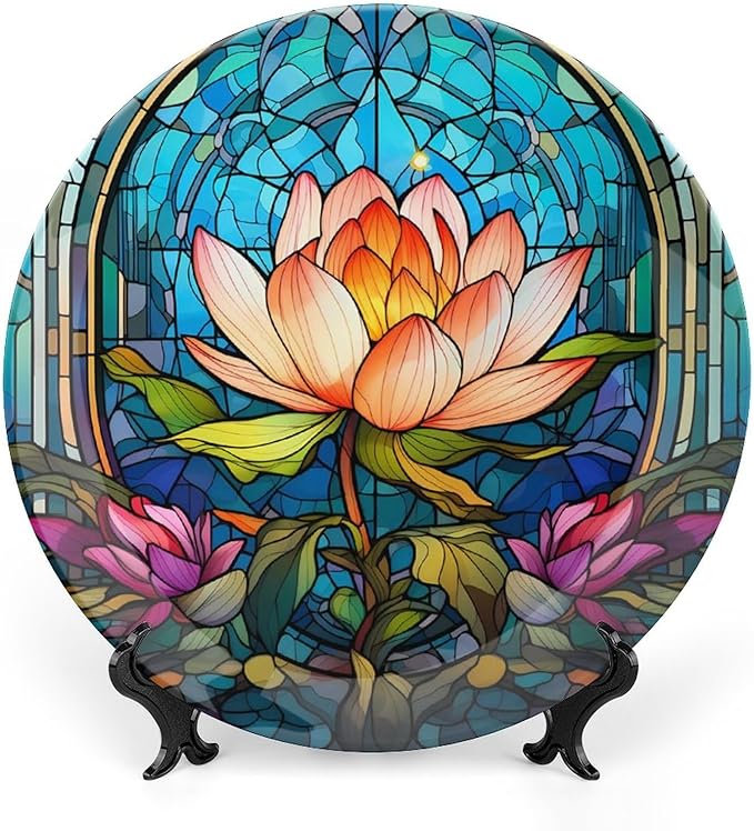 Decorative Plates for Home Decor, Water Lily Blue Stained Glass Print Decor Tray for Table Display, Ceramic Dinner Plate W/Stand, Living Room Dining Room Decor, Gifts for Lotus Lover, 7 Inch