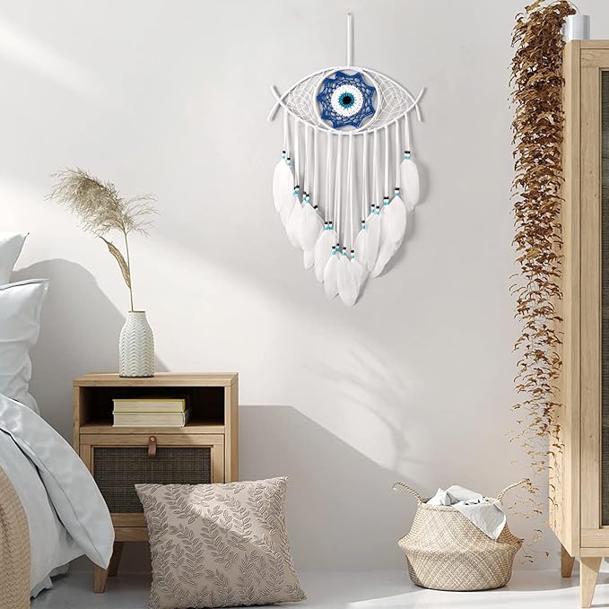 Dremisland Evil Eye Dream Catcher-White Dream Catchers Handmade Feather Evil Eye Wall Hanging Ornament Home Decoration for Bedroom Livingroom Yard, Blessing Craft Gift Bring Good Luck (Pure White)