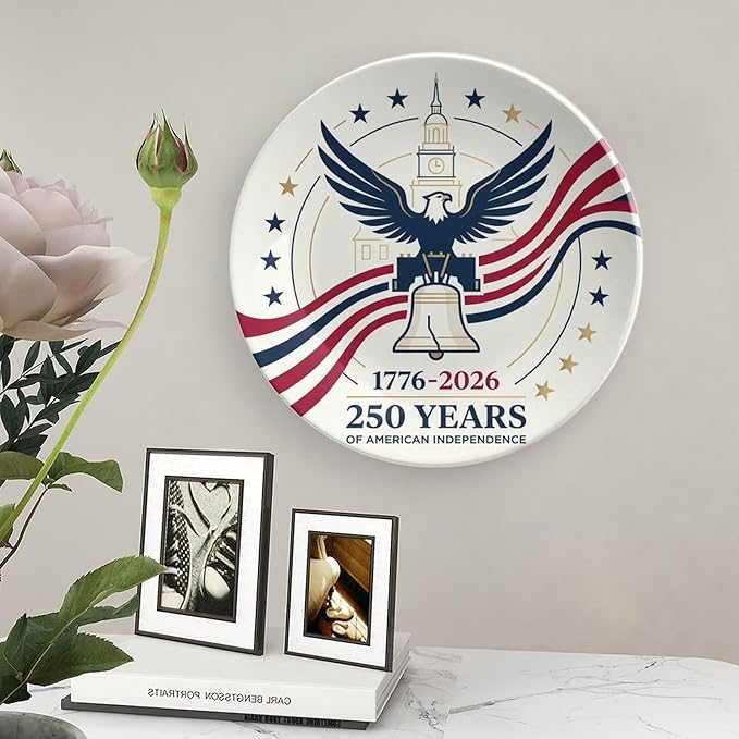 250th Anniversary Decorative Plates 8 Inch Patriotic Decorations Eagle Liberty Bell Commemorative Plates with Stand Memorial Day 4th of July Veterans Day Home & Office