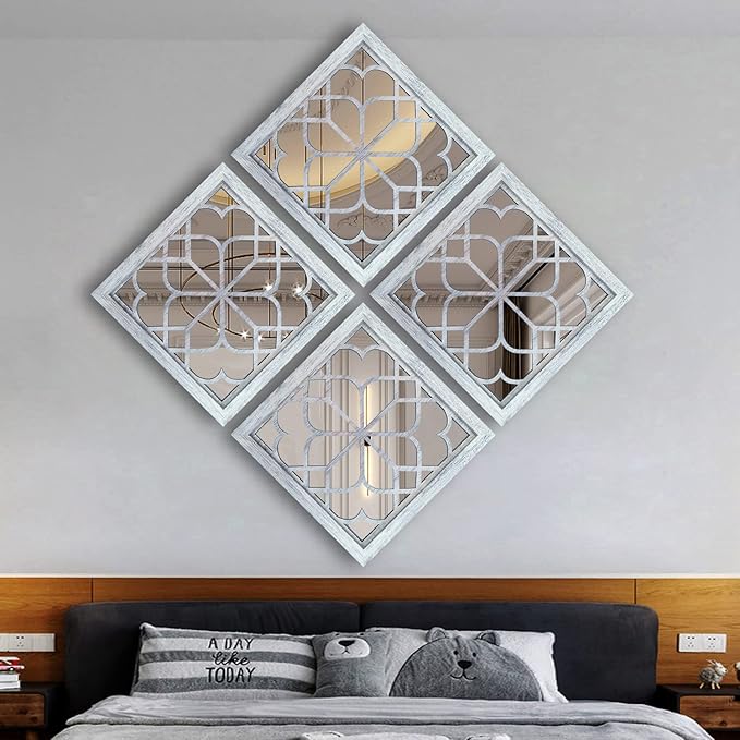 Wocred Set of 4 Mirrors Square Wall Mirror,Gorgeous Rustic Farmhouse Accent Mirror,Rustic White Color Entry Mirror for Bathroom Renovation,Bedrooms,Living Rooms and More(12”x12”4pcs)