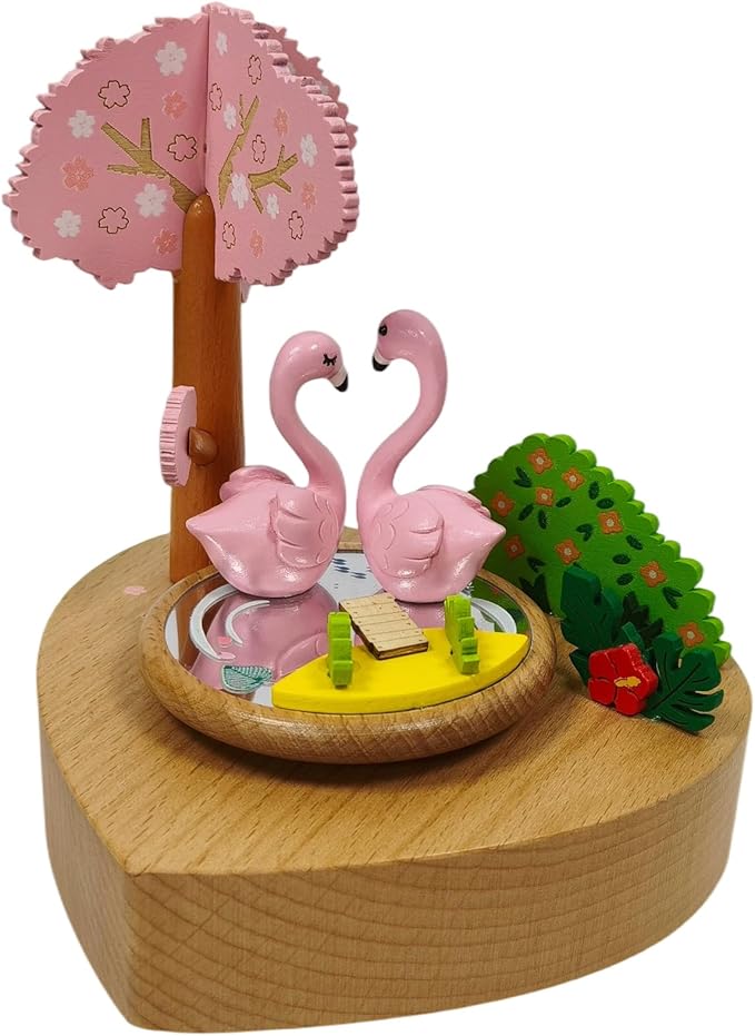 Wooden Flamingo Music Box - Heart Shaped Music Box Base, Flamingos rotate with the music, Mechanical Musical Box, Gift for Birthday, Valentine's Day, Wedding, Anniversary, Home Décor (Flamingos)