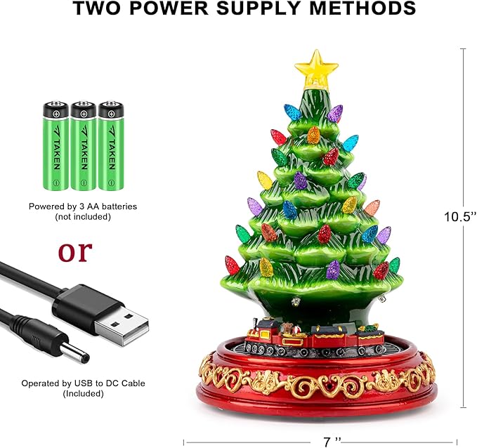 VISFLAIR Ceramic Christmas Tree with Rotating Train- Musical Christmas Tree Decorations with 38 Multicolored Lights for Home Tabletop Decor, Xmas Gift