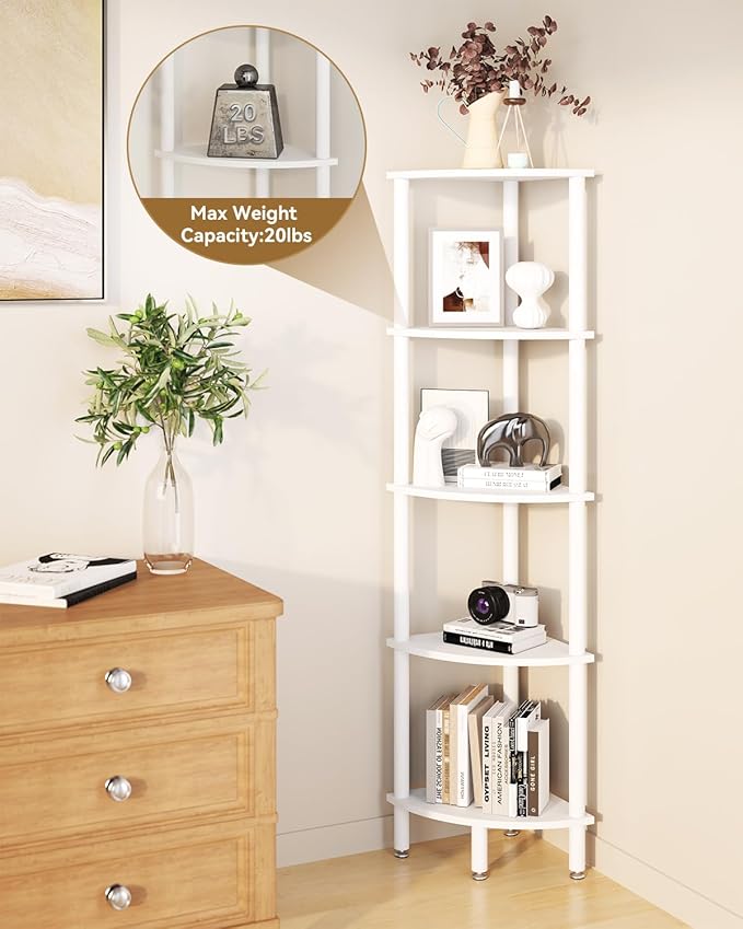 IBUYKE 5 Tier Corner Shelf Stand,Industrial Corner Display Rack,Corner Bookshelf for Living Room, Bedroom, Kitchen, Home Office, White WBC010W