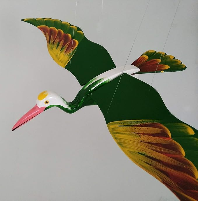 WitnyStore Wooden Bird Mobile 24" Green Crane Stork Hand Made Painted Wood Flapping Wing Birds Hanging Ceiling Decor Wind Chimes Handcrafted Art Animal Decorative Collectibles Décor Gifts Souvenirs