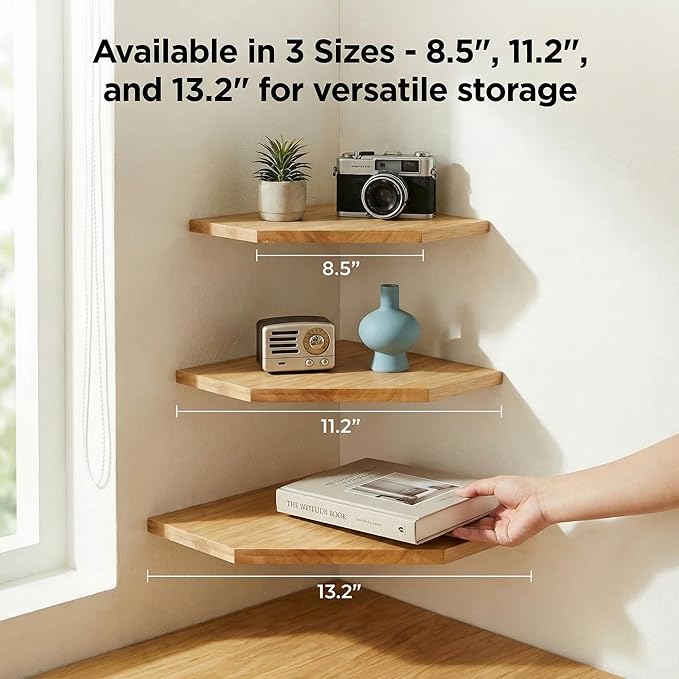 JiudunsKylight Corner Floating Shelf with Wire Hole, 11.2 Inch Wood Wall Shelf for Bedroom, Kitchen, Living Room Decor, Storage for Photos, Speakers (Oak, 1 Pack)