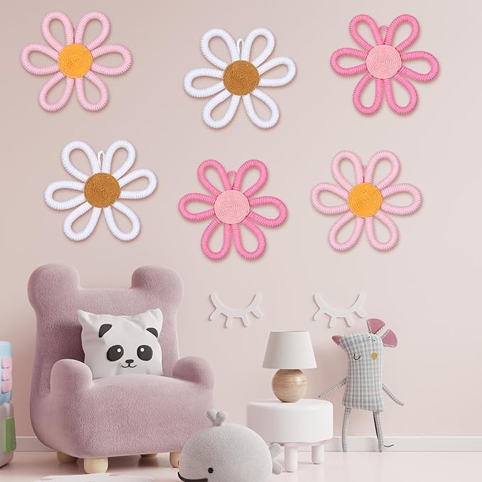 Zeyune 6 Pcs Boho Nursery Daisy Flower Wall Art Decor Woven Macrame Wall Pediments Boho Daisy Floral Nursery Art Decor for Home Bedroom Decorations(Cute,Yarn and Cotton Rope)