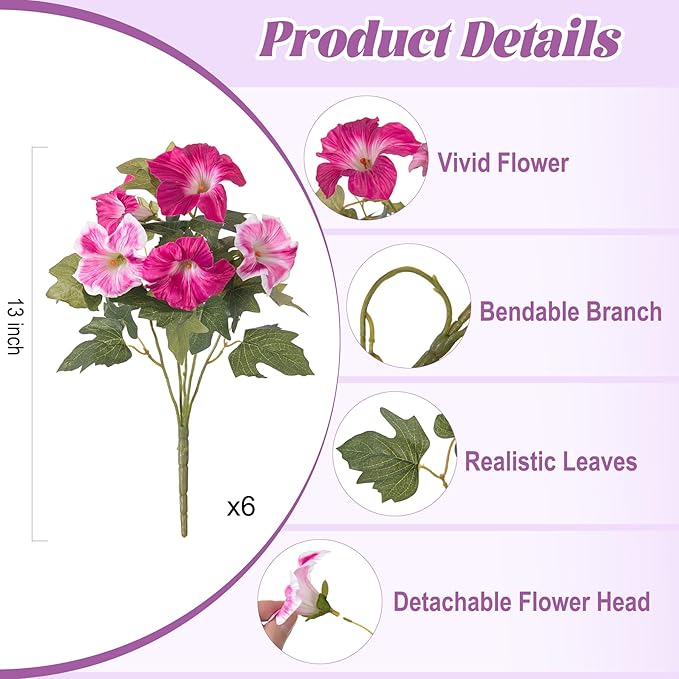 6 Pcs Artificial Flowers Fake Petunias for Outdoors, Faux Flowers for Outdoor Planter, UV Resistant Realistic Fake Plants for Outside No Fade for Garden Porch Patio Indoor Room Decor(Fuchsia)