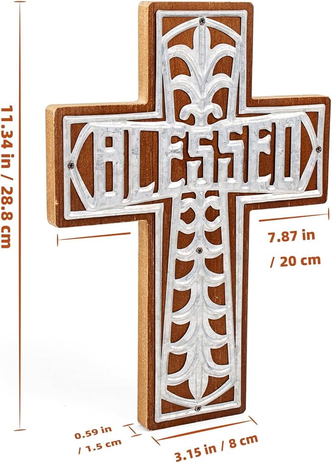 Wall Wooden Cross Christians Spiritual Religious Gifts With Hook on Hanging Wall Or Table With Blessed For Church Home Room Decoration For Christmas (Iron Blessed)