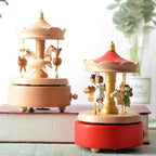 Natural Solid Wood Handcrafted Beech Wooden, Musical FigureTotoro/Carousel/Fairy/Ballerina Figurine,Rotating Hand Crank Mechanism Music Box,Musical Decorations (Red Merry-Go-Round)
