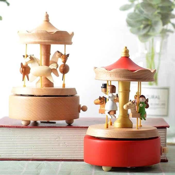 Natural Solid Wood Handcrafted Beech Wooden, Musical FigureTotoro/Carousel/Fairy/Ballerina Figurine,Rotating Hand Crank Mechanism Music Box,Musical Decorations (Red Merry-Go-Round)