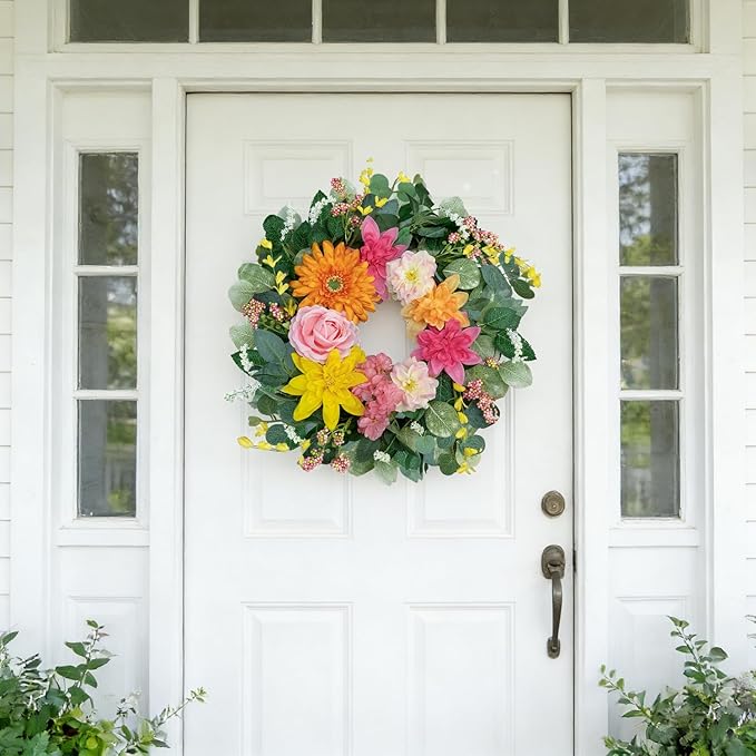 Spring Wreaths for Front Door 24 Inch,Outdoor Front Door Wreath with Florals Peony & Rose, Artificial Spring Summer Wreath for Porch Garden Wall Window Farmhouse Indoor Outdoor Home Decor