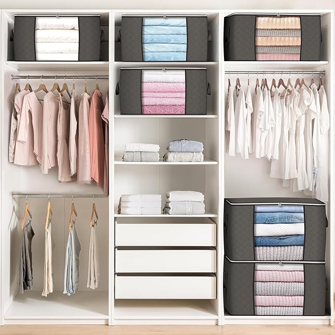 Budding Joy 90 L Large Storage Bags, 10 Pack Clothes Storage Bins Foldable Closet Organizers Storage Containers with Reinforced Handle for Clothing, Blanket, Comforters, Bed Sheets, Pillows (Gray)