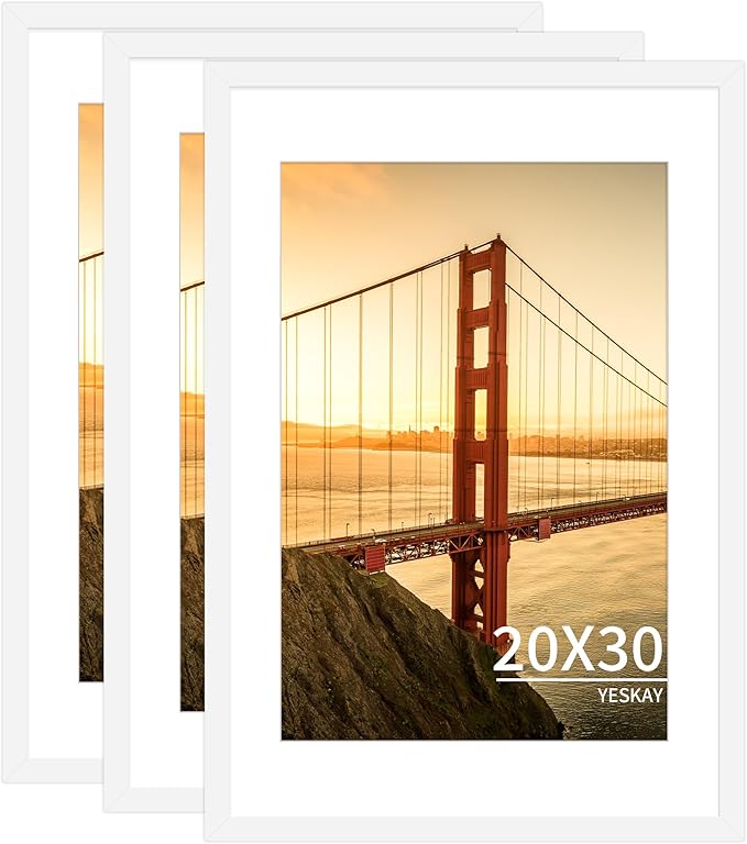 20x30 Picture Frame White Set of 3, Display Pictures 16x24 with Mat or 20 x 30 Without Mat, Poster Frames 20x30 for Wall Hanging Horizontal and Vertical