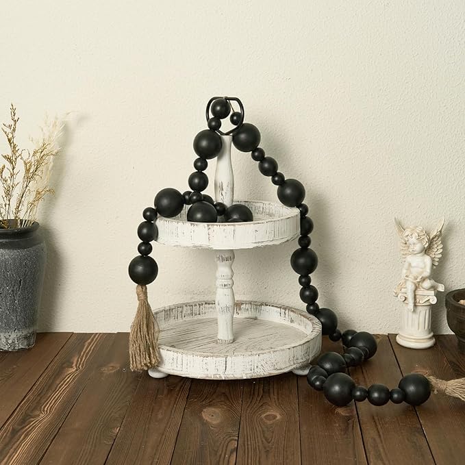 2" Extra Large Wood Bead Garland with Tassels, 75" Long Rustic Farmhouse Wooden Beads Garland, Decorative Beads Boho Decorations for Home Table Mantle Black