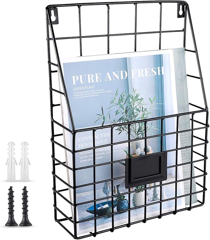 Storage Racks, Metal Wire Wall Mounted Magazine Holder, Wall Hanging Organizer holder for Files, Newspapers, Magazines with Tag Slot for Office, Home Organization, Black