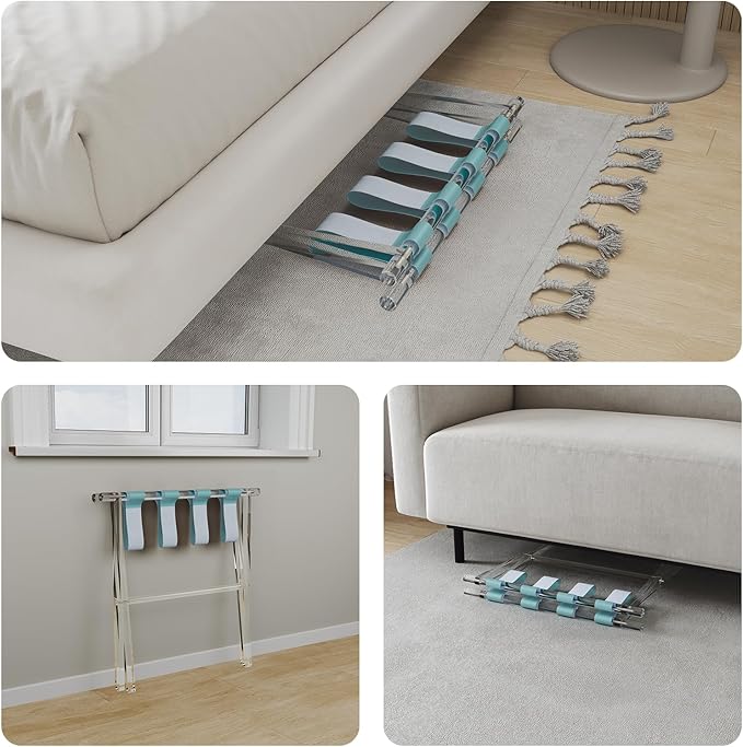 Sumerflos Acrylic Luggage Rack for Guest Room - Foldable Suitcase Stand with Leather Straps for Bedroom Living Room Hotel Heavy-Duty, Holds up to 50-100 lb lightweight Space Saving (Blue & Handle - 1 Pcs)