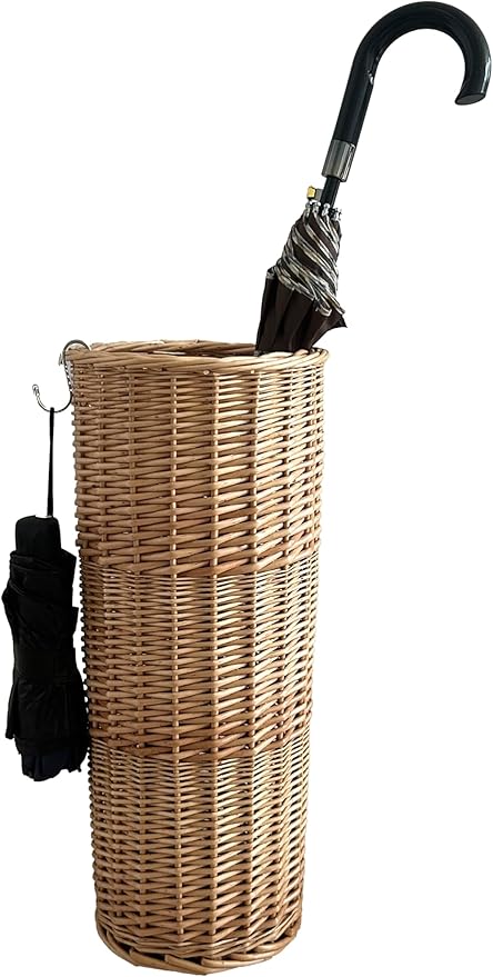 Natural Rattan Umbrella Stand for Entryway, 21.2H x 9.4L x 9.4W, Detachable Drip Tray & 2 Metal Hooks – Storage for Umbrellas, Canes & Walking Sticks, Stylish Home Decor