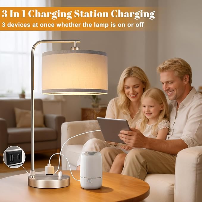 Innqoo Bedside Table Lamps for Bedroom Set of 2-Dimmable Nightstand Lamps with USB Port and Outlet,Modern Grey Lamps with Linen Shade,Tall Desk Lamps for Home Office Bedroom Living Room End Table