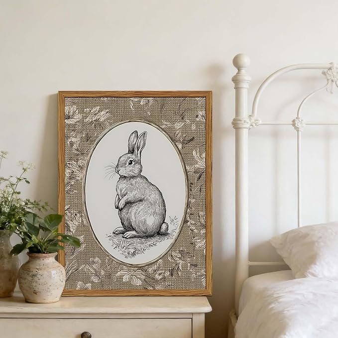Framed Vintage Rabbit Wall Art, Cute Easter Bunny Pictures Wall Decor, Rustic Farmhouse Animal Paintings Canvas Prints Cottagecore Home Decor for Nursery Living Room Bedroom 12x16 inch