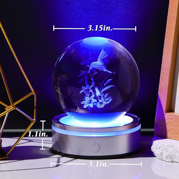 Movdyka 3D Crystal Ball Hummingbird Gifts for Women Men Glass Humming Bird Ornament Figurine Home Decor with Colorful LED Base for Hummingbird Lovers Nature Lovers - 3.15"/8CM