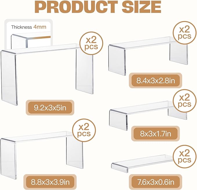 Goabroa 2 Sets 10 Pcs Clear Display Risers, Rectangular (7"-8"-9" L) Risers Display Stands, Table Stands for Jewelry, Cupcake, Perfume, Figures