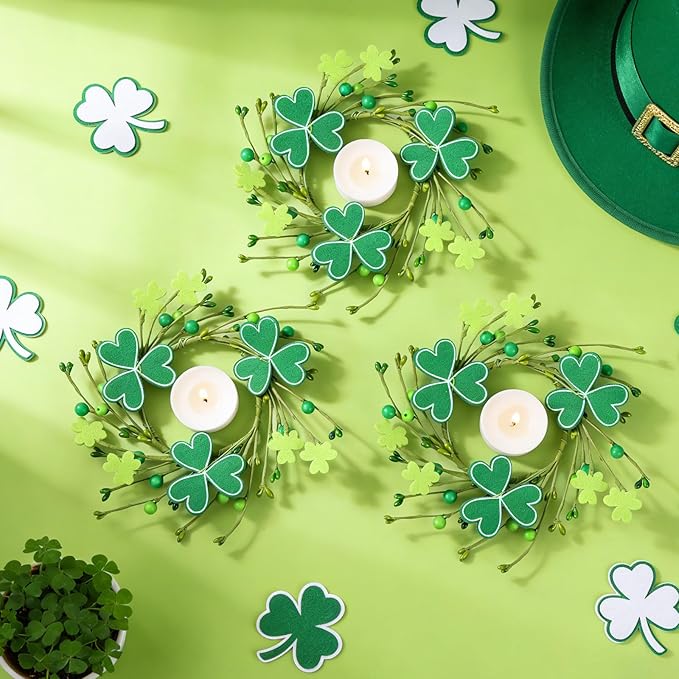6 PCS Mini St. Patrick's Day Felt Shamrocks Wreath for Front Door St. Patrick's Day Kitchen Cabinet Wreaths Decorations with Ribbon Small Spring Green Irish Clover Berry Wreath for Porch Wall Window