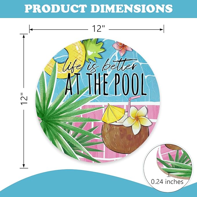 Summer Life is Better at The Pool Front Door Sign, Tropical Coconut Palm Leaves Wood Plaque Hanger Outdoor Outside Porch Home Decor, Swimming Ring Wooden Wreath Indoor Wall Hanging Decoration