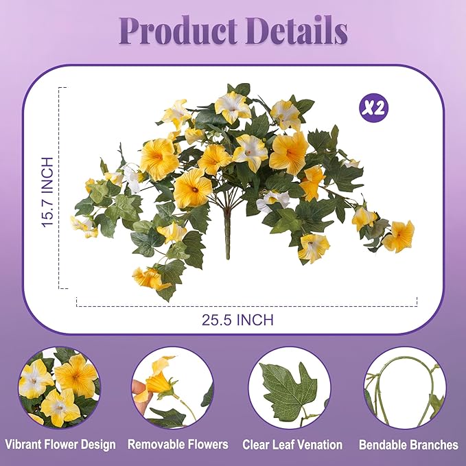 Artificial Fake Petunia Flowers for Outdoor Decoration, 2PCS Faux Silk Petunias Flower for Spring UV Resistant No Fade Realistic Plants for Garden Balcony Yard Porch Indoor Decor(Yellow White)