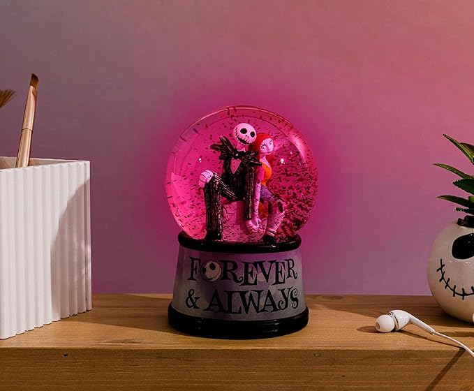 Disney The Nightmare Before Christmas Forever & Always Light-Up Snow Globe with Swirling Glitter Display | 6 Inches Tall