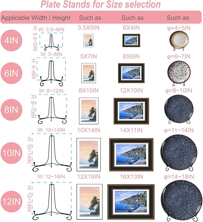 HENABLE 4PCS Premium Black Iron Plate Stands for Display, 8 Inch, Decorative Solid Metal Plate Holders for Displaying, Mini Easel, Frame, Book, Card, Plaque, Bowl, Picture Stands