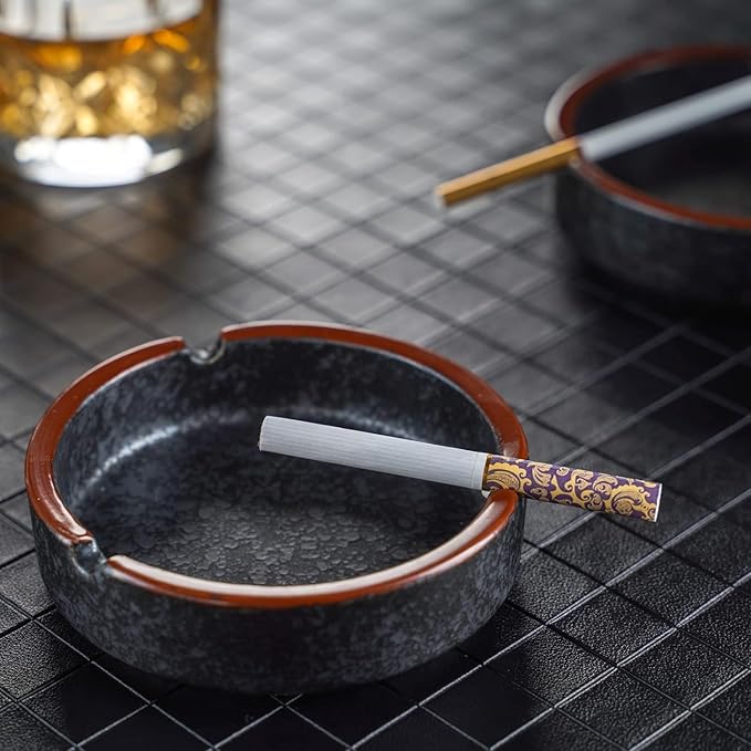 Ceramic Ashtray Stylish Indoor & Outdoor Cigarette Ashtray for Home, Coffee Bars, and Patios，Lava Dazzling Black