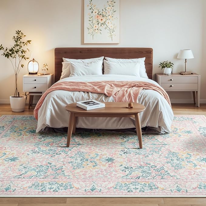 Lessymo 8x10 Washable Rug for Living Room, Soft Non Slip Pink Area Rugs for Bedroom Nursery Dining Room, Low Plie Boho Forest Large Carpet Botanical Colorful Cute Flower, Pink Green