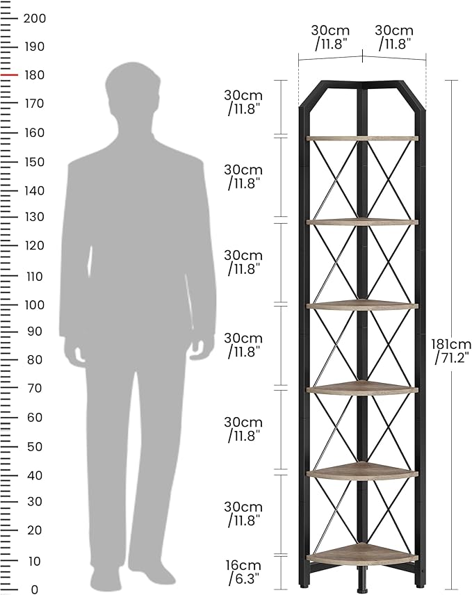 CHOEZON 6-Tier Corner Shelf, Industrial Corner Bookshelf, 71.2" Corner Storage Stand, Plant Stand Display Shelf, Corner Bookcase for Bedroom, Living Room, Home Office, Greige and Black TCJ11BG