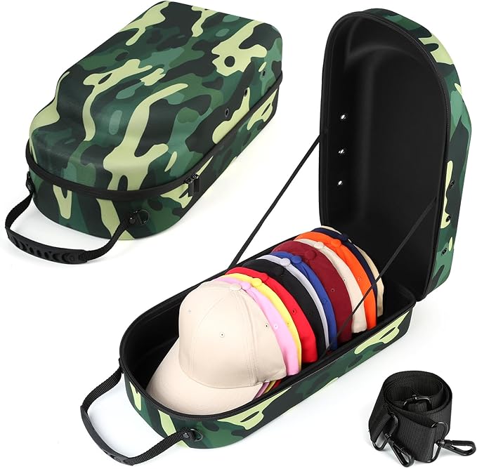 Hard baseball hat case, Hat Carrier Travel Case with Adjustable Shoulder Strap, Hat cap case for 12 Baseball Caps - Perfect for Traveling & At-Home Storage (Camo Green)