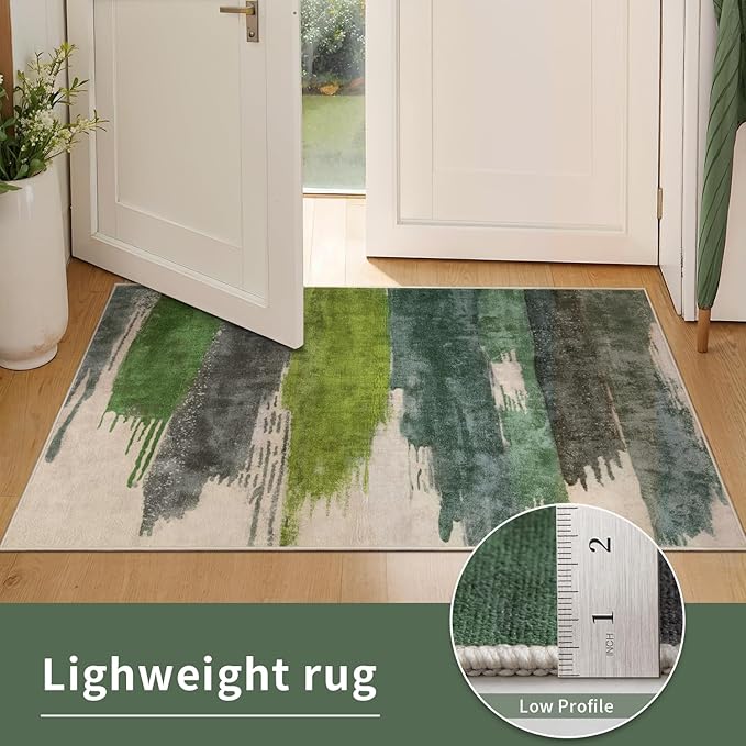Ciicool Modern Abstract Green Rug for Living Room, 9'x12' Machine Washable Area Rug Non-Slip Rug, Low-Pile Contemporary Indoor Dining Floor Carpet for Bedroom Office Under Table Home Decor
